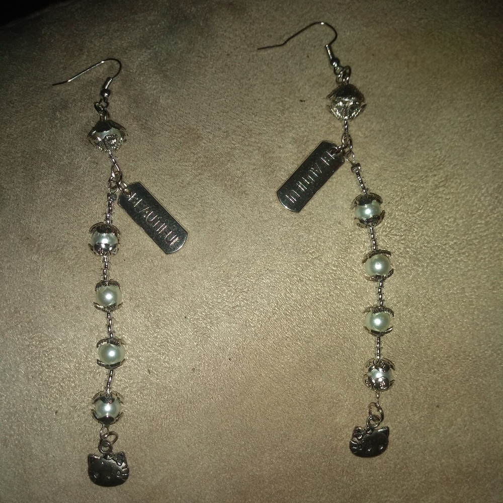 Long handmade earrings, kitty earrings, sliver